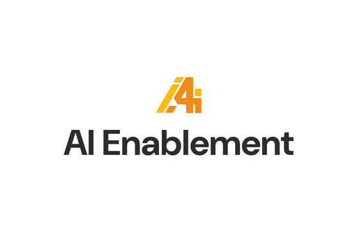 This clean graphic features a bold stylized logo in vibrant orange and gold, centered above the text "AI Enablement" in a sleek black font. It visually represents a comprehensive AI enablement program designed to drive successful enterprise AI adoption. This modern design perfectly encapsulates core services like AI upskilling for teams and targeted AI training for employees, ensuring that modern businesses achieve seamless AI workflow integration for their future-ready daily operations.
